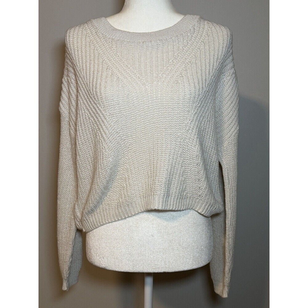 Express Women's Acrylic Blend Long Sleeve Scoop Neck Ivory Crop Sweater Size XS